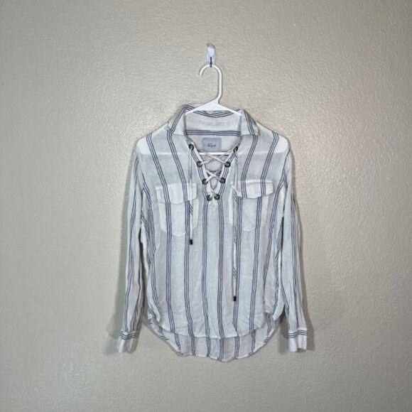 Rails Womens Matea Lace Up Stripe Linen Blend Long Sleeve Shirt Size XS White - Picture 1 of 5